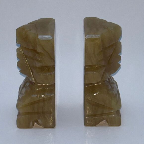 Vtg MCM mid century carved onyx Mexican Aztec/Mayan bookends alabaster stone - Picture 2 of 6
